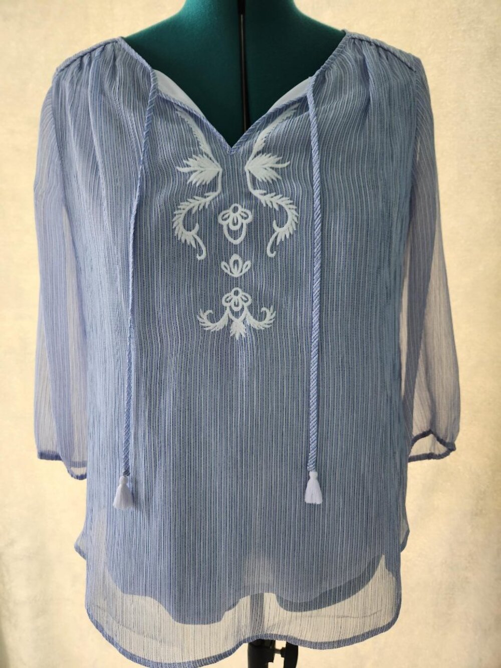 Cute St. John's Bay Peasant Top Blue White Pinstripe Tassels  Size L